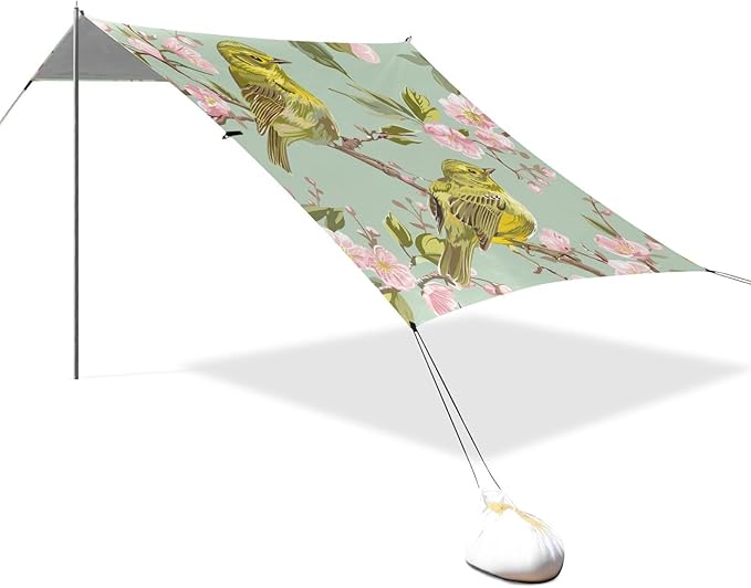 ALAZA Cherry Blossom Bird Beach Tent Sun Shelter UPF50+ Protection Beach Shade Canopy w/ 4 Sandbags for Outdoor Camping Fishing Backyard Fun Picnic 10x9 ft