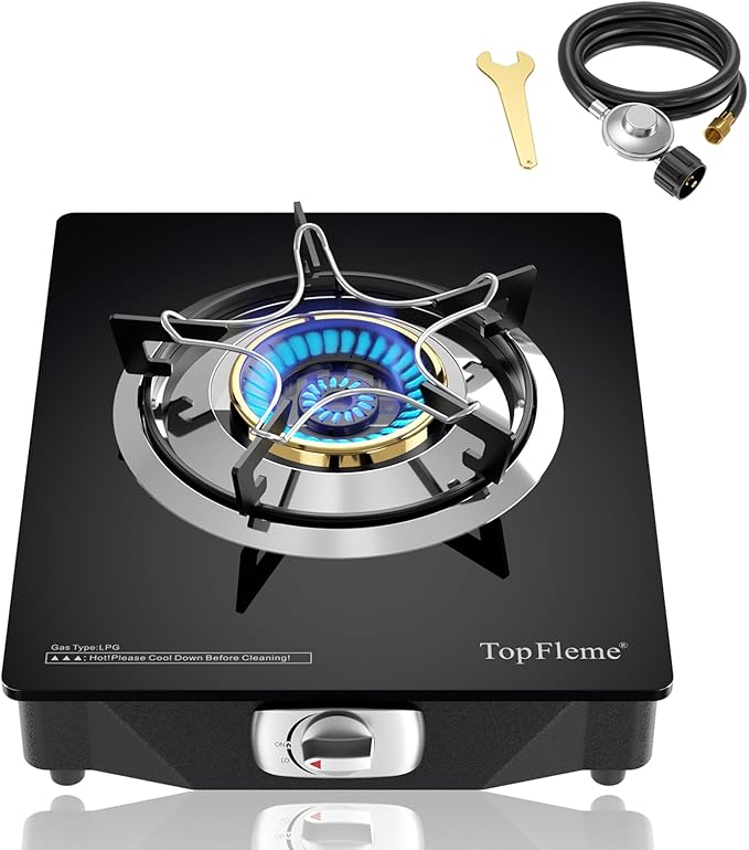 1 Burner Propane Stove 13600 BTU High-Efficiency Tempered Glass Auto-Ignition Gas Burner Stove Top with CSA Hose for Outdoor RV Camping Emergency Cooking