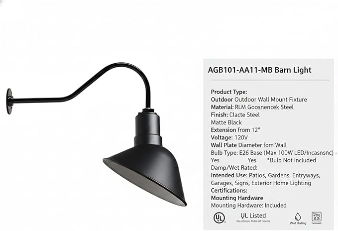 AGB101-AA11-MB Barn Lights Outdoor Fixture with Gooseneck Lamp - Classic Gooseneck Light Dome | Wall Mount RLM Design for Patios Gardens Entryways Garages Exterior Home Lighting