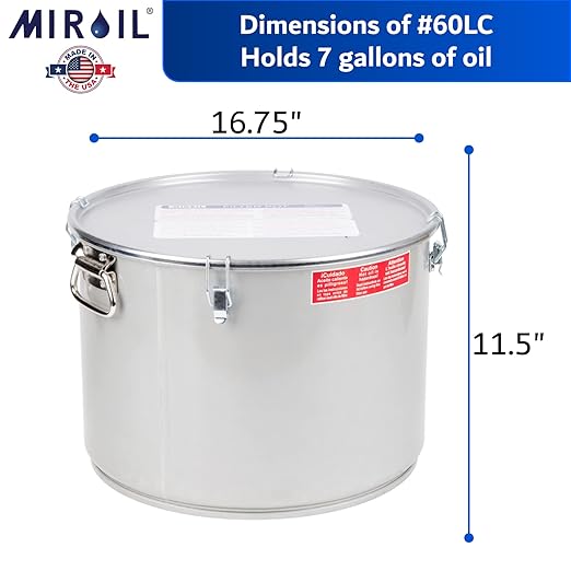 MirOil Oil Grease Bucket &amp Filter Pot Silver (7 Gallon) – Fryer Container w/Lid Lock &amp Clip Food Grade Interior Coating - Hot Grease Collection Pot - Made In USA – Model #60L