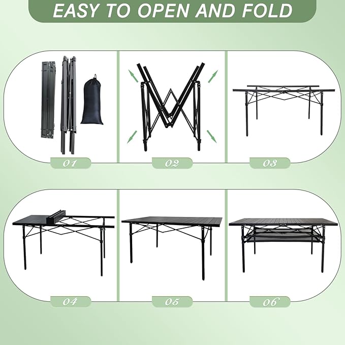 Large Folding Camping Table Aluminum with Storage for 4-6 People 55X27.5 Roll Up Tall Outdoor Portable Table Lightweight with Carry Bag for Picnic BBQ Backyard Beach