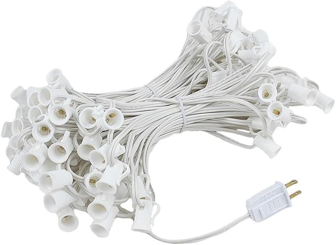 Novelty Lights 100 Foot C7 Outdoor String Light Christmas Stringer - Patio String Lights - Candelabra Base (C7/E12) - 12 Spacing - White Wire
