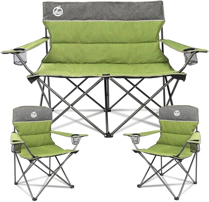 Northroad Outdoor Camping Chair Set of 3Folding Padded Camp ChairCollapsible Conversation Set w/1 Sofa2 Single Chairs for Family PatioBeach (Green)
