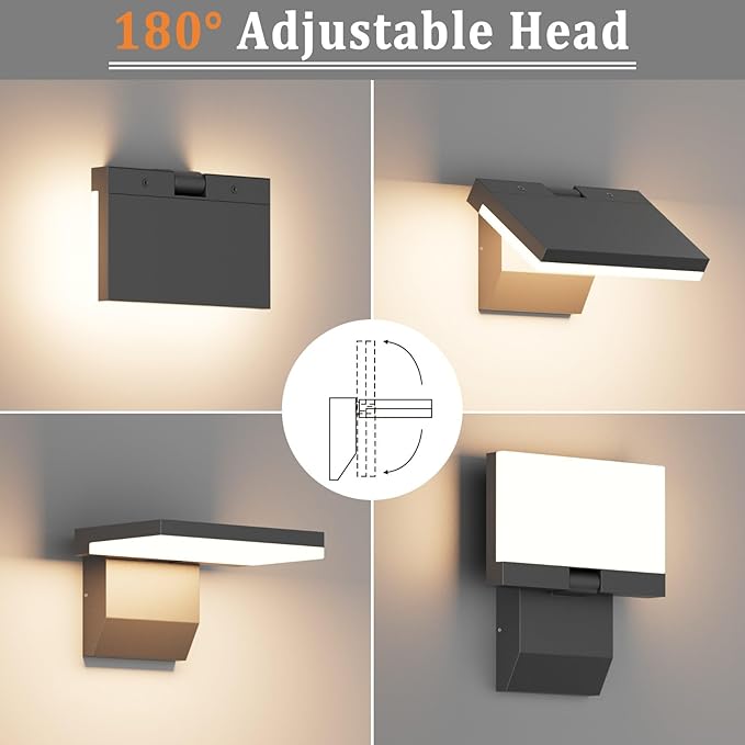 2 Pack Outdoor Wall Lights 24W Aluminum Outdoor Light Fixture 180° Adjustable Head IP65 Waterproof 3000K Exterior Garage Light for Front Door Patio Porch