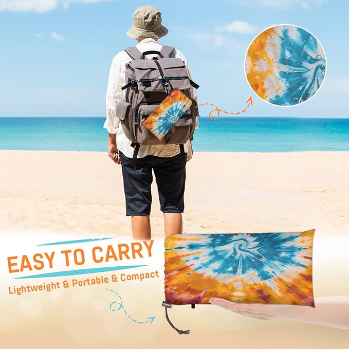 Waterproof Sandproof Beach Blanket 59''×68'' Pattern Tie Dye Polyester Outdoor Picnic Blanket with 4 Stakes &amp Storage Bag for BeachCampingVacation Multi-Color