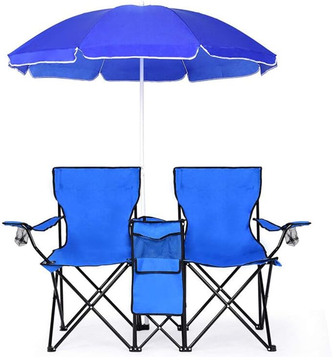 Goplus Double Camping Chair with Umbrella Folding Loveseat Chairs w/Canopy Shade Carrying Bag Table Cup Holder Portable Beach Chairs Outdoor Picnic Patio (Blue)