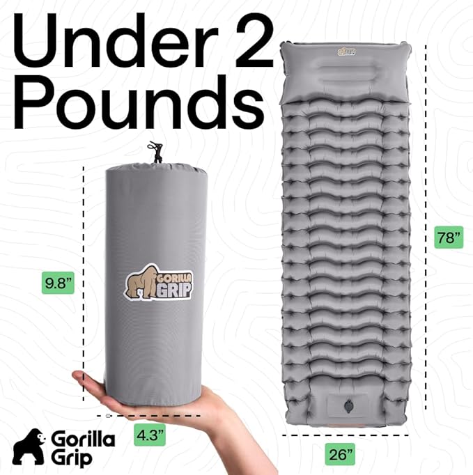 GORILLA GRIP Slip-Resistant Inflatable Sleeping Pad Puncture Resistant Lightweight Camping Mattress Foot Pump Air Mats for Travel Backpacking Inflating Bed Camp Sleep Pads for Tent Gray