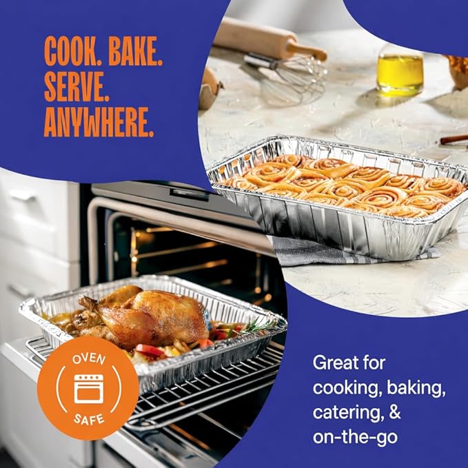 PRIME BASIC Aluminum Pans Half Size Disposable Roasting &amp Baking Pan 9x13 Deep Foil Pans (25 Pack) Extra Heavy Duty Chafing Trays for Hotels Restaurants Caterers Buffets.