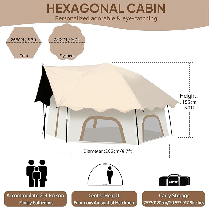 Chihee Camping Tents Pop-Up Stand-up Tent Family Cabin Tent with Awning Porch 3-Person Outdoor Shelter with Screen Room Large Capacity Waterproof and Windproof Easy SetupTraveling Hiking Picnic