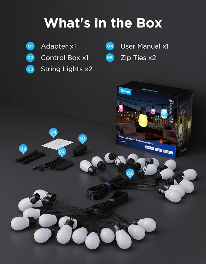 Govee S14 Bulb Outdoor String Lights 2 96ft Smart RGBIC Warm White Patio Lights with 15 LED Bulbs 111 Scene Modes for Outdoor Decor Upgraded IP66 Compatible with Alexa Google Matter APP Control