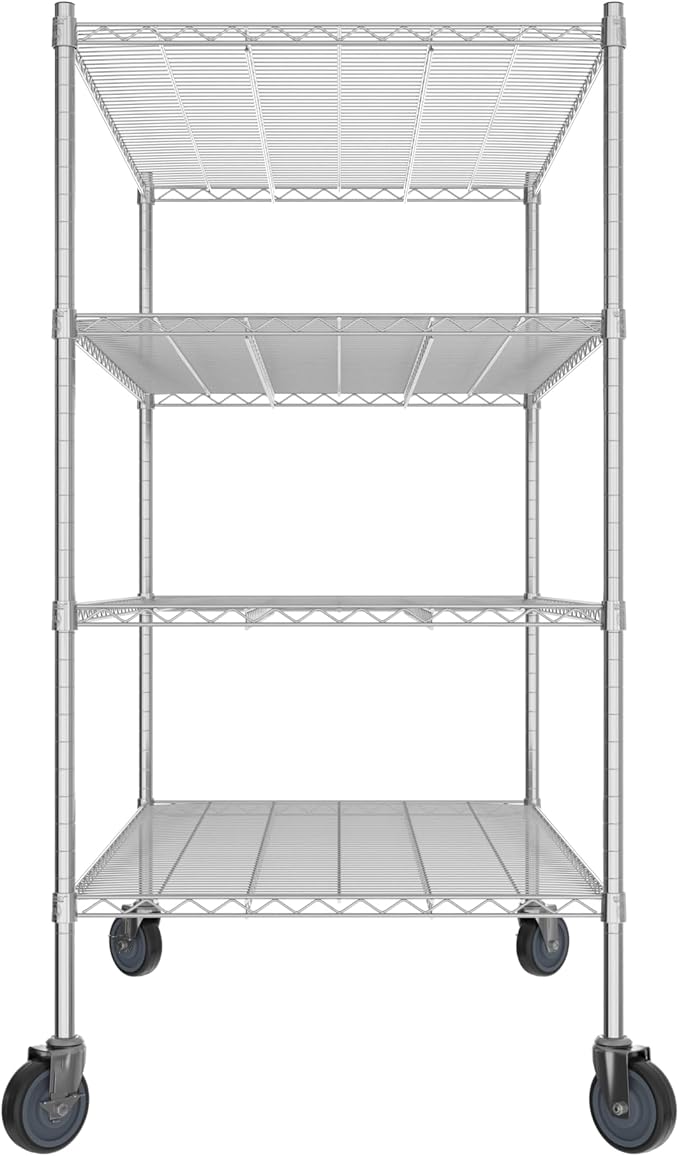 Commercial NSF Listed Chrome Mobile Wire Shelving Kit 30 x 48 x 60 with 4 Shelves Perfect for Warehouse Walk-in Refrigerator Freezer Grocery Store Restaurant Dishroom