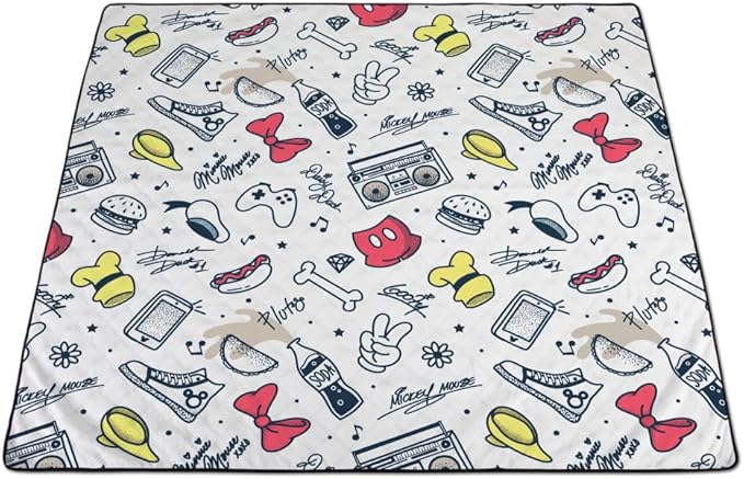 Picnic TIME Disney Mickey and Friends Impresa Picnic Blanket Lightweight Folding Beach Blanket with Carry Backpack Machine Washable Water Resistant Fleece Picnic Mat (Black and White)