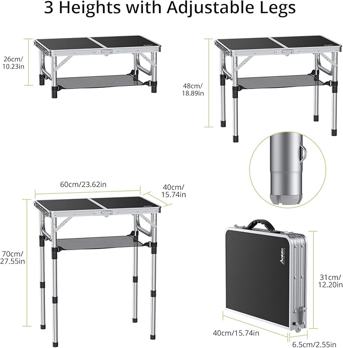 Anbte Folding Camping Table Aluminum 24 x 16 Adjustable Height Small Folding Table with Carrying Handle Lightweight Portable Camping Table Waterproof for Outdoor Indoor Picnic Beach BBQ (Black)