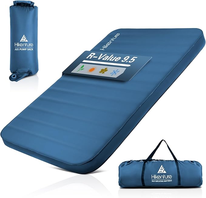 Hikenture 4 INCH Thick Self Inflating Sleeping Pad 9.5 R Value Comfort Plus Camping Mattress with Pump Sack Inflatable Foam Insulated Camping Pad Camping Mat 4-Season (Light Blue Double (80×52))