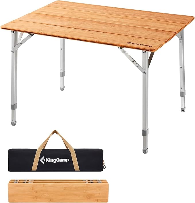 KingCamp Bamboo Folding Table Environmental Camping Table with Adjustable Height Aluminum Legs Heavy Duty 4-Folds Portable Camp Tables for Travel Picnic Party Beach 1-2 People