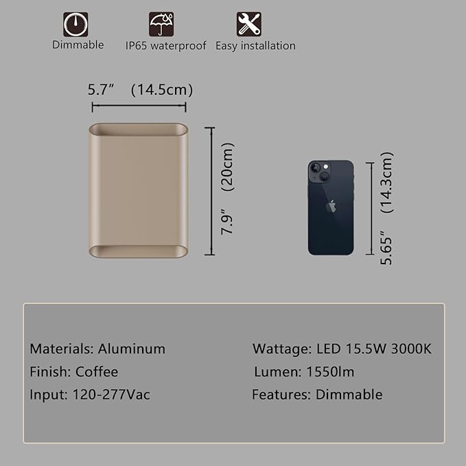 Aluminum Wall Sconces 15.5W LED Waterproof Wall Lights IP65 Outdoor Porch Lamp Up and Down Dimmable Modern Wall Lamps for Bedroom Living Room Garage Yard 3000K… (Champagne)