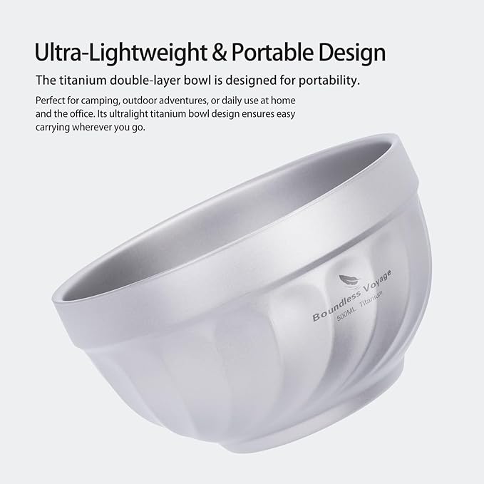 iBasingo 500ML Titanium Bowl Double Wall Insulated Camping Bowl for Soup Rice &amp Food Ultralight Portable &amp Durable Metal Tableware for Outdoor Hiking Backpacking - BPA-Free Non-Toxic Ti116