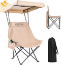 YOUNG WOOD Camping Chair with Canopy Beach Chair with Shade Portable Fold Lightweight Oversized Suit for All Easy to Open Without Installation Side Pocket Design for All Outdoor ActivitiesKhaki