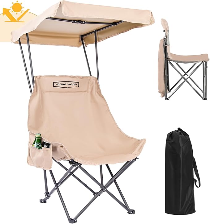 YOUNG WOOD Camping Chair with Canopy Beach Chair with Shade Portable Fold Lightweight Oversized Suit for All Easy to Open Without Installation Side Pocket Design for All Outdoor ActivitiesKhaki