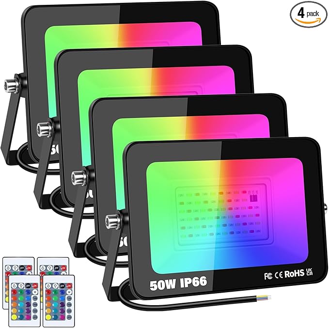 LED Flood Light Outdoor 50W 500W Equivalent RGB Color Changing Floodlight with Remote 16 Colour Changing IP66 Waterproof Control for Garden Party Stage Landscape (4 Pack)