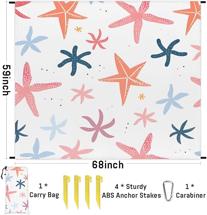 Waterproof Sandproof Beach Blanket 59''×68'' Starfish Polyester Outdoor Picnic Blanket with 4 Stakes &amp Storage Bag for BeachCampingVacation White Background