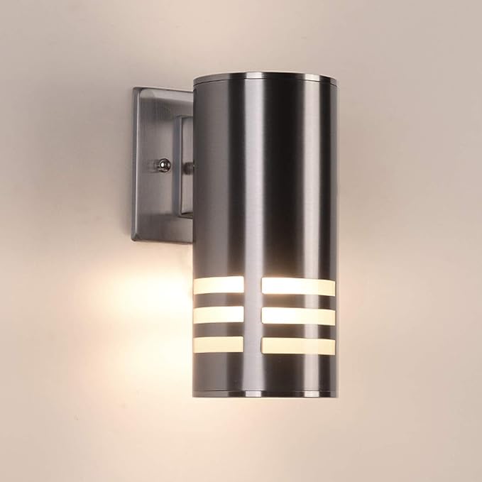 Outdoor Wall SconceCylinder Wall Light with Stainless Steel 304 and Toughened GlassWaterproof Up Down Light for Garden Patio Bedroom Living Room (Brushed Nickel 8.7 HeightNo Bulbs)