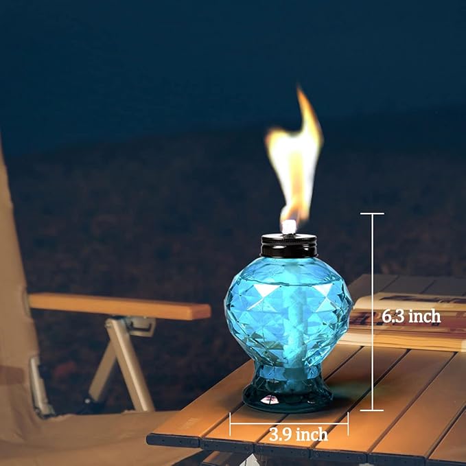 Tewei 4 Pack Blue Table Top Light Torches Outdoor Mini Glass Torche Lanterns Light for Outside Easy to Refill Citronella Torches for Garden Patio Yard Party