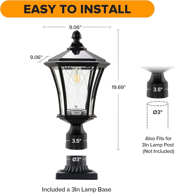 LUTEC Outdoor Solar Lamp Post Light with Pier Mount Base Dusk to Dawn Waterproof Pole Light Head with Patterned Glass Exterior Black Solar Powered Fence Post Light Fixtures for Outside