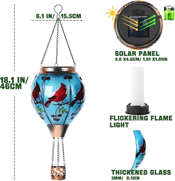 Hot Air Balloon Solar Lantern - Cardinal Bird Glass Lantern Simulated Flickering &amp Dancing Flame Outdoor Hanging Yard Light Waterproof IP65 for Patio Lawn Porch Decor Gift