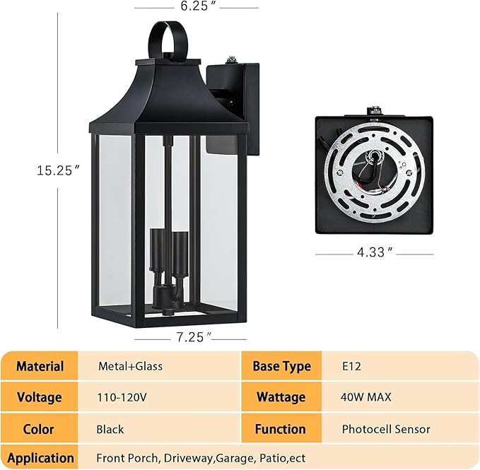 15 Dusk to Dawn Black Outdoor Wall Lantern 2-Light Outside Modern Wall Sconce Light Fixture Industrial Porch Light with E12 Sockets Waterproof Exterior Lamp Lighting Black