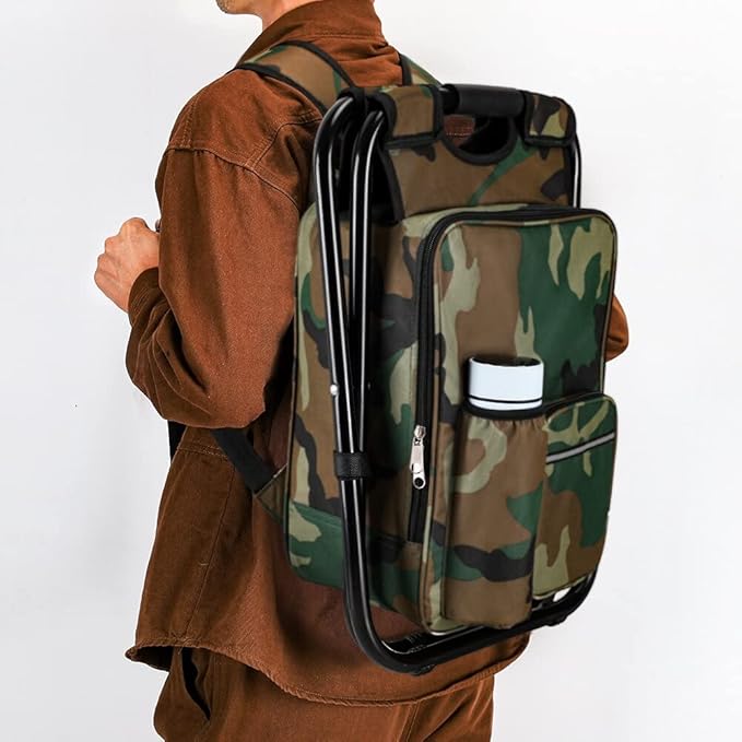 Portable Hiking Camouflage Camping Stool Folding Camping Chair Stool Backpack with Cooler Insulated Picnic Bag