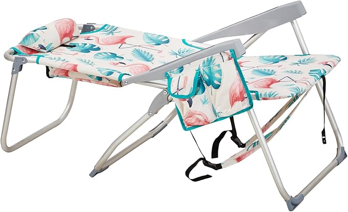 Folding Tall Backpack Beach Chair with 5 Positions Towel bar Storage Pouch Cup HolderFolding Beach Camping Chair (Flamingo)