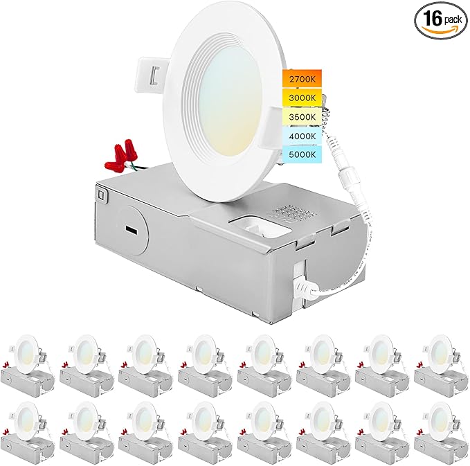 LUXRITE 16-Pack 3 Inch Ultra Thin LED Recessed Lighting 6W 5 Color Selectable 2700K | 3000K | 3500K | 4000K | 5000K CRI 90 500 Lumens Dimmable LED Wafer Lights Wet Rated IC Rated Baffle Trim