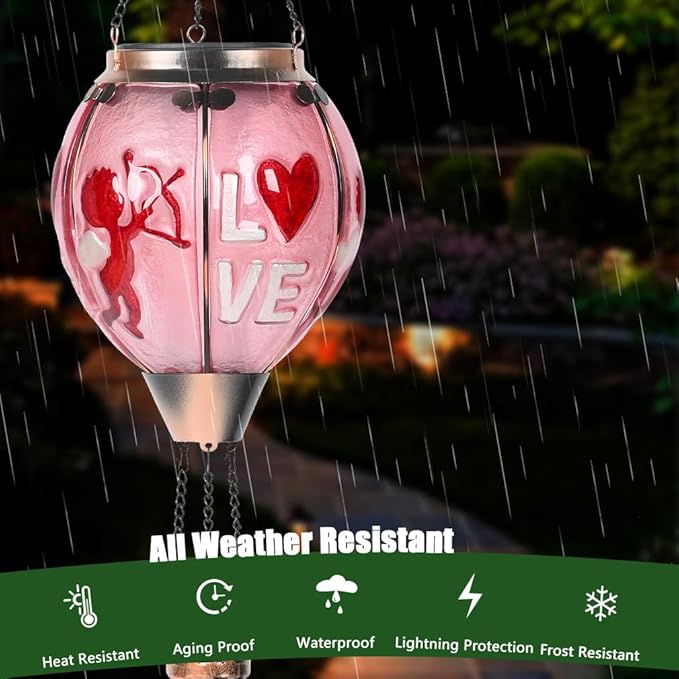 Hot Air Balloon Solar Lantern - Valentine's Day Glass Lantern Simulated Flickering Dancing Flame Outdoor Hanging Sunflower Yard Light Waterproof IP65 for Valentines Gift