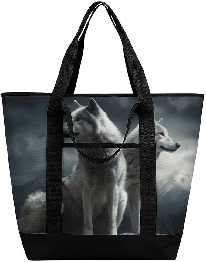 Insulated Shopping BagLarge Reusable Cooler Bags Wolf at Night Printed Foldable Shopping BagTravel Waterproof Shoulder Bag