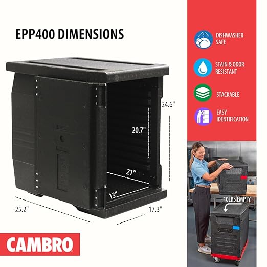 Cambro GoBox Insulated Lightweight Thermal Hot Box and Food Pan Carrier (EPP400 - Holds Four 4 Inch Pans) - Hotbox and Food Warmer for Catering &amp Transport - Front Load (Gray)