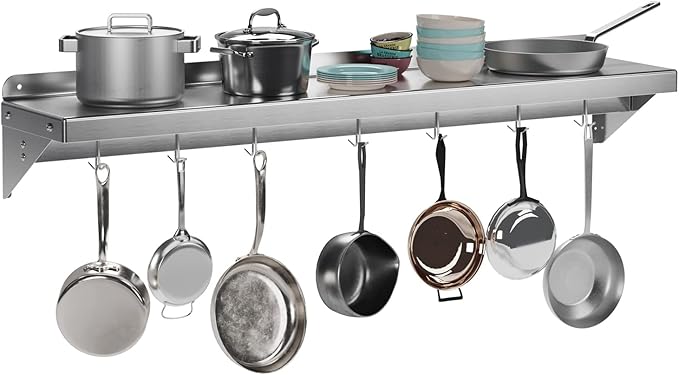 TrailBlaze 12 x 48 NSF Certified Stainless Steel Wall Mount Shelf - Multifunctional Metal Storage Rack with Backsplash and 7 Hooks for Hanging Pots PansCookware in Home and Restaurant