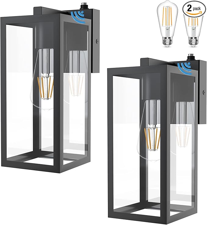 Aipsun Outdoor Wall Lantern 2 Packs with Dusk to Dawn Sensor Matte Black Sensor Exterior Light FixturesExterior Wall Sconce with Clear Glass Shade(2700K E26 Bulbs Include)