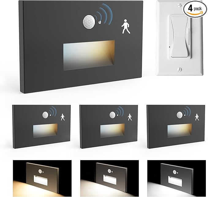 4 Pack Motion Sensor Stair Lights Indoor OutdoorDimmable Motion Activated Step Lamp 3000K/4000K/6000KHardwired 120V 4W IP65 Waterproof Outside Stairway LightLed Staircase Lights- Black
