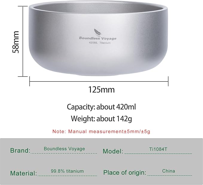 Boundless Voyage 420ml Titanium Double Walled Bowl for Adult Children Ultralight Portable Soup Rice Food Bowl Outdoor Camping Durable Metal Tableware Ti1084T
