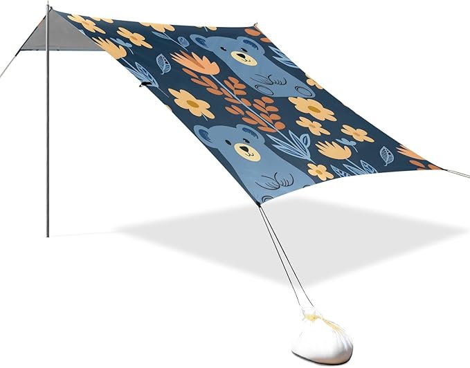 Bear and Flower Camping Sun Shelter Beach Tent Portable Beach Sun Shade Outdoor Canopy for Camping Trips Fishing Picnic