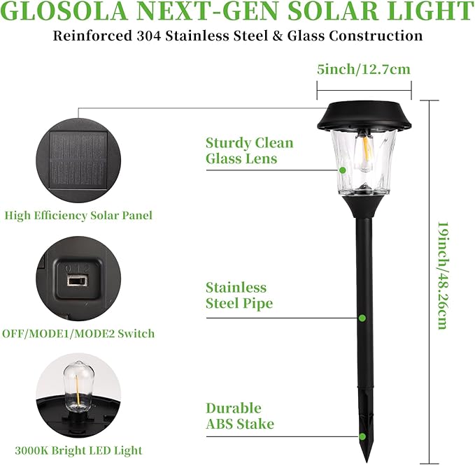 Solar Pathway Lights Outdoor 4 Pack Stainless Steel &amp Glass Solar Garden Lights Auto Dusk to Dawn IP65 Waterproof LED Path Lights for Yard Lawn Walkway Driveway