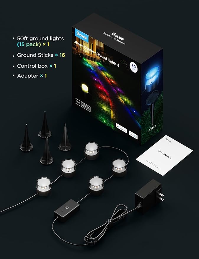 Govee Outdoor Ground Lights 2 50ft Patio Decorations 15 Pack RGBIC Pathway Lights with 100LM Warm White IP67 Waterproof 63 Scene Modes Works with Alexa Google Assistant