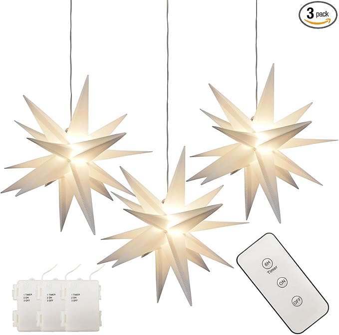 Leejec 13.3 Moravian Star Outdoor Light with Remote Control Christmas Decorations Indoor Hanging Warm White LED Light Battery Operated with Timer Function 3-Pack Tree Ceiling Balcony Decor