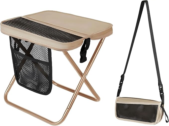 Portable Folding Stool with Storage Bag Lightweight Crossbody Design Carbon Steel Frame Mesh Side Pocket (Beige)