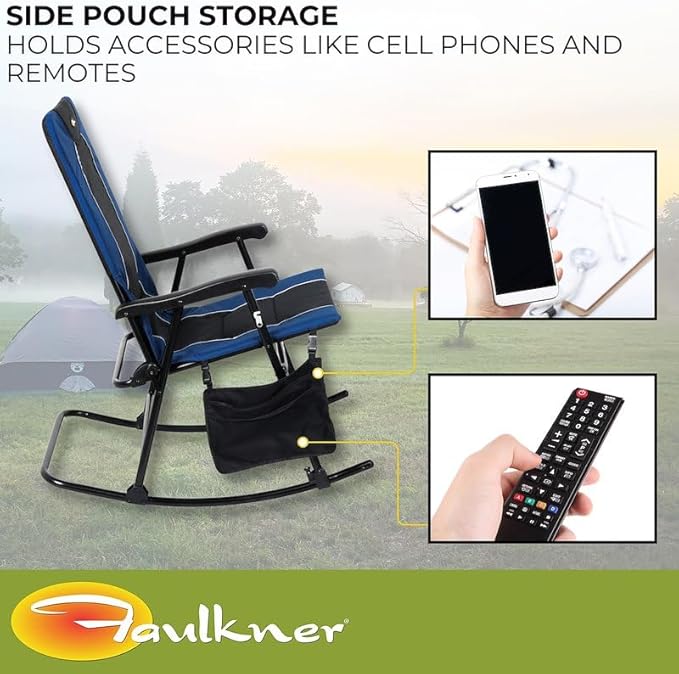 Faulkner Dakota Folding Rocking Chair – Blue/Black 42.1 x 22 300 lb Capacity Padded Camping Chair with Side Pouch Lightweight Steel Frame Folds for Easy Carry