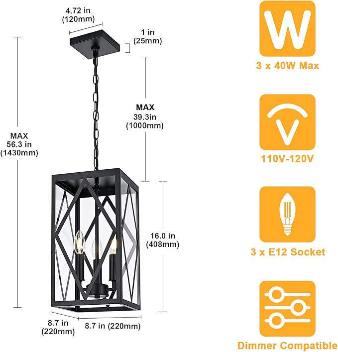 15.7'' Outdoor Pendant Light for Porch 3-Lights Metal Black Outdoor Chandelier Exterior Hanging Porch Light Fixtures w/Clear Glass Outside Pendant Lantern for Front Door Entryway E12 Base