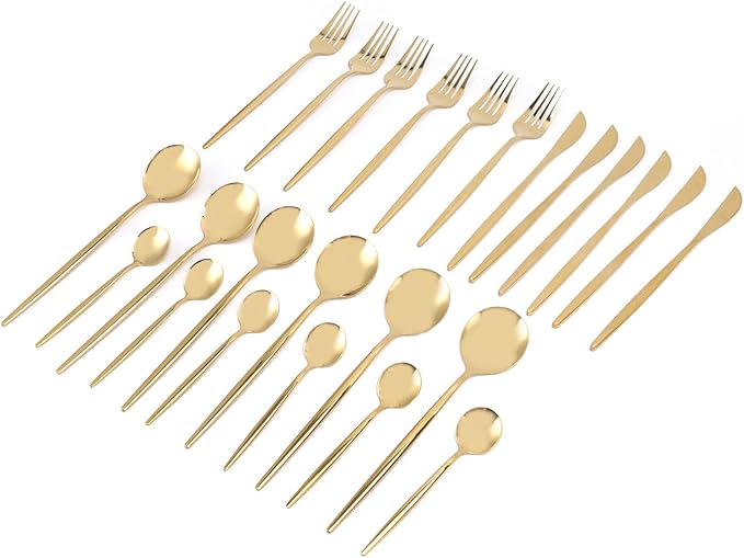 24Pcs Gold Silverware Set Stainless Steel Cutlery Set Knife Fork Spoon Teaspoon Flatware Set for Home Hotel Dishwasher Safe