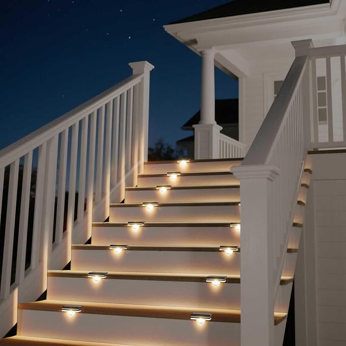 Solar Stair Lights Outdoor Waterproof 8 Pack Solar Step Lights for Outside Warm White Deck Lighting for Step Stair Porch Railing Patio Yard Front Door Sidewalk Poolside Balcony