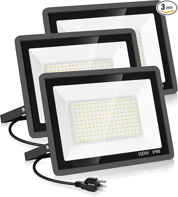 3 Pack 100W Led Flood Lights OutdoorSuper Bright 11600LM Security Lights with PlugExterior IP66 Waterproof 5000K Daylight White FloodLight for Basketball Court Yard Garden Playground